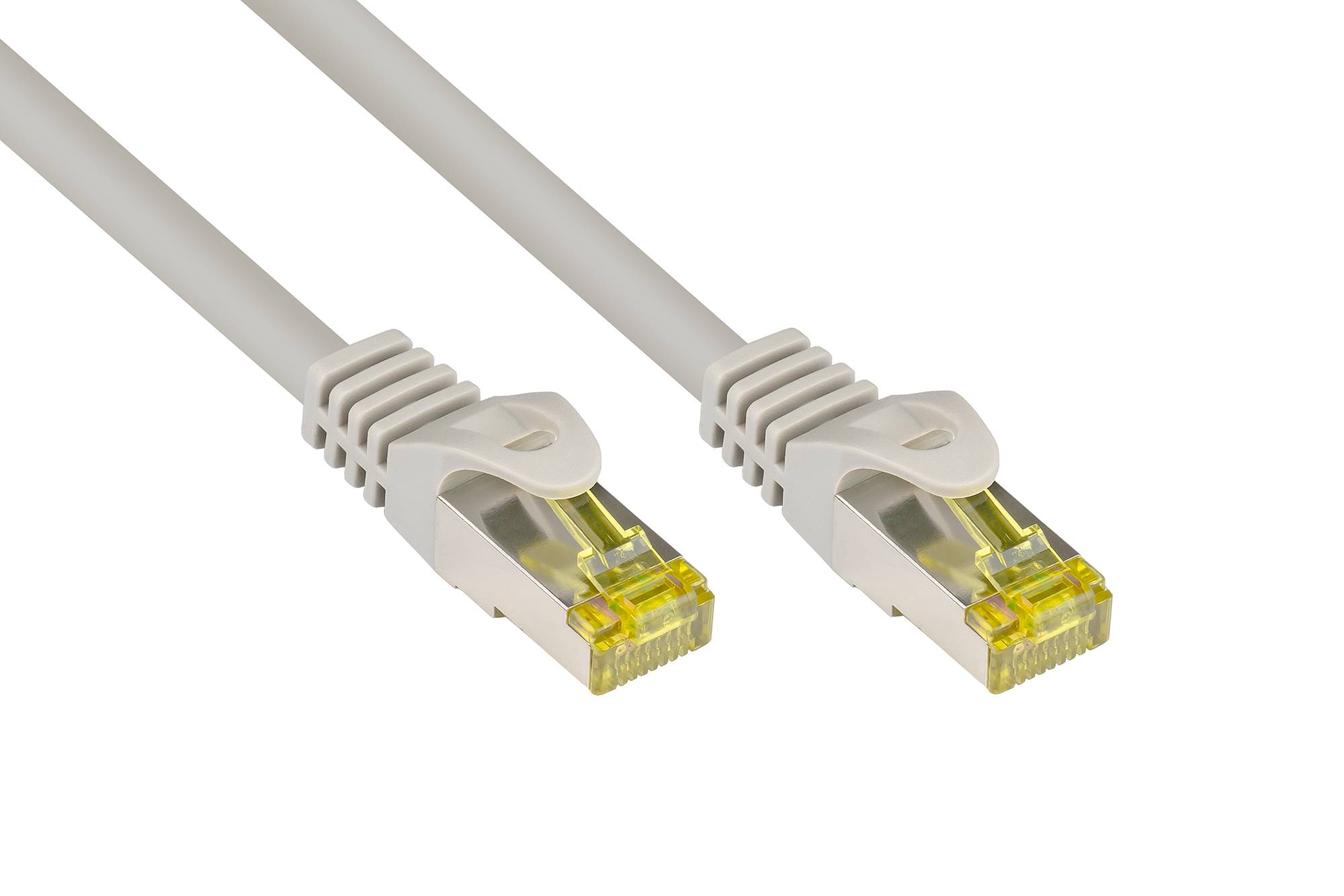 Kabelmeister® RJ45 Patchkabel mit Cat. 7 Rohkabel und Rastnasenschutz (RNS®), S/FTP, PiMF, halogenfrei, grau, 0,25m-0