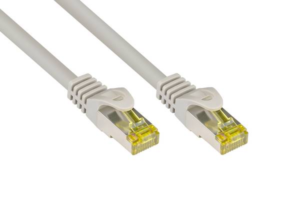 Kabelmeister® RJ45 Patchkabel mit Cat. 7 Rohkabel und Rastnasenschutz (RNS®), S/FTP, PiMF, halogenfrei, grau, 0,25m