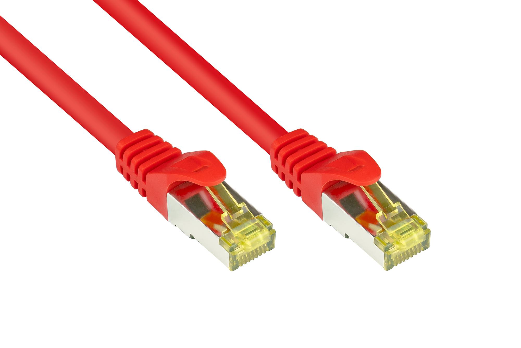 Kabelmeister® RJ45 Patchkabel mit Cat. 7 Rohkabel und Rastnasenschutz (RNS®), S/FTP, PiMF, halogenfrei, rot, 0,5m-0