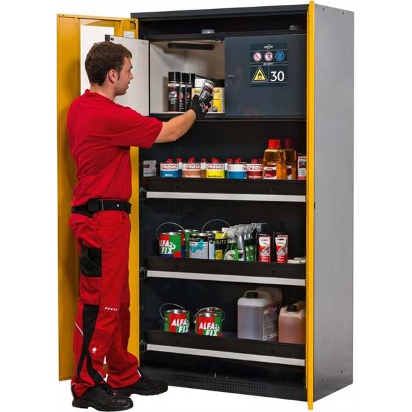 Chemikalienschrank gelb Glas 3 Tablarauszüge