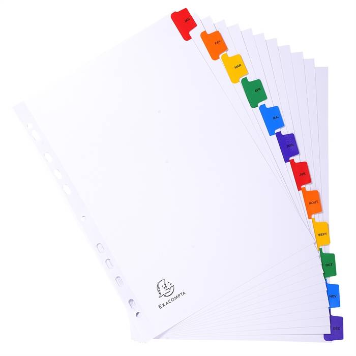 Register numerisch bedruckt, weißer Karton 160g/qm, 12 Taben, Jan.-Dez., DIN A4-2