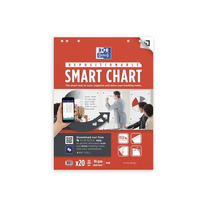 OXFORD Smart Chart selbstklebender Flipchartblock, 60 x 80 cm, blanko, 90 g/mÂ², SCRIBZEE-APP-4