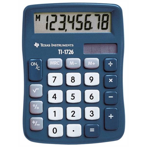 Texas Instruments TI 1726 Mini-Tischrechner, 8-stellig, Solar- und Batteriebetrieb, blau