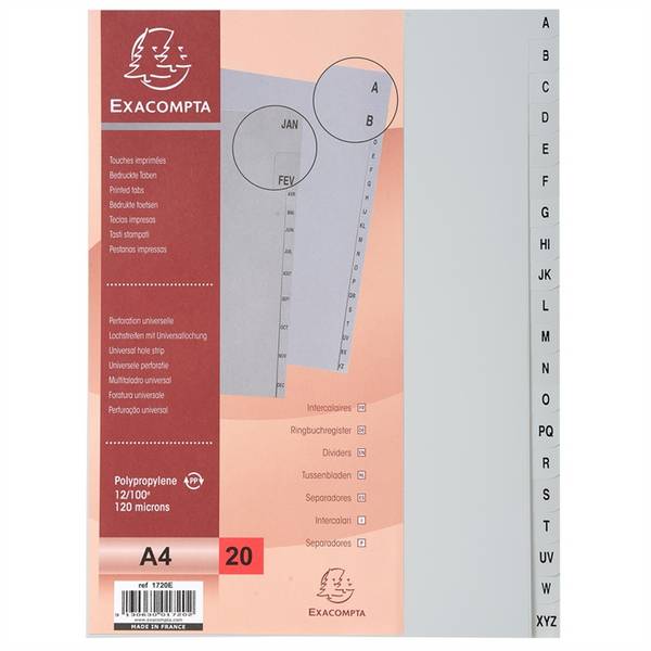 Register mit Beschriftungsfeld aus PP 130Âµ mit 20 Positionen Taben A-Z, für Format DIN A4
