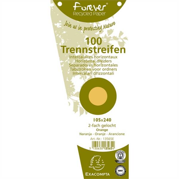 Packung mit 100 Trennstreifen, gelocht, trapezförmig aus Recycling-Papier 180g/qm, 105x240mm - Forever