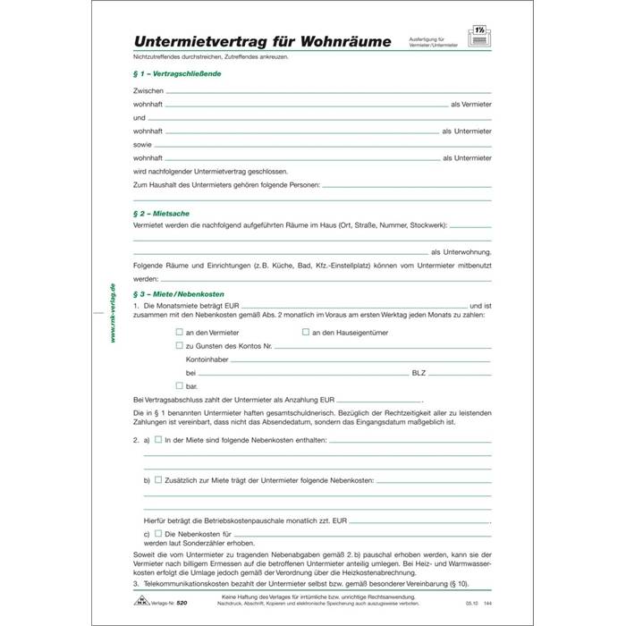 Untermietvertrag für Wohnräume 4 Seiten A4 + Wohnungsgeberbescheinigung