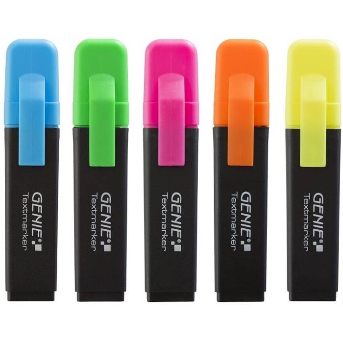 Textmarker je 1x neon gelb, orange, pink, blau, grün, mit Keilspitze5er Pack Strichbreite ca. 1-5 mm, einzeln Entnehmbar-0