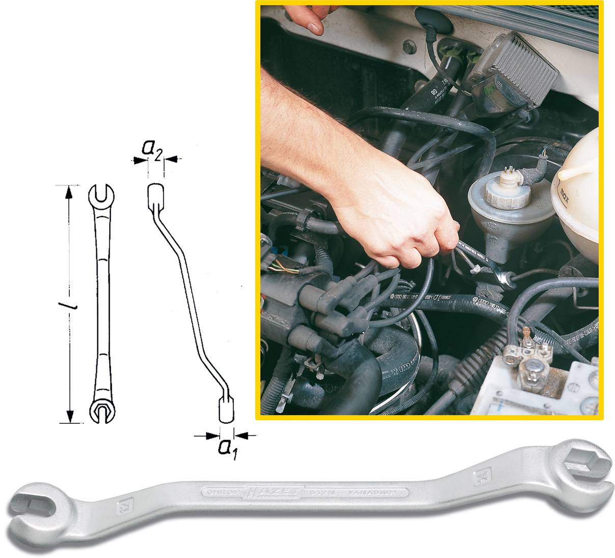 Schraubenschlüssel wird verwendet, um eine Schraube im Motorraum eines Autos zu drehen. Zeichnung zeigt Maße und Form des Werkzeugs.
