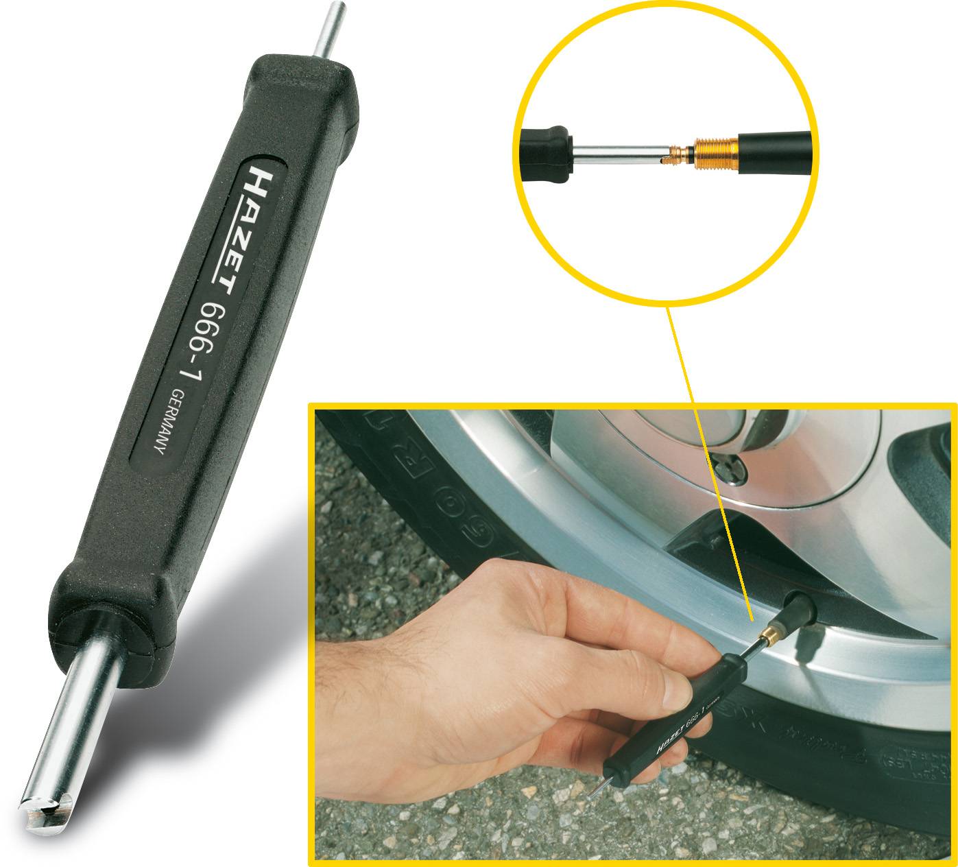 Ein schwarzer Reifendruckprüfer wird von einer Hand gehalten. Nahaufnahme zeigt das Ventil eines Autoreifens, an dem gemessen wird.