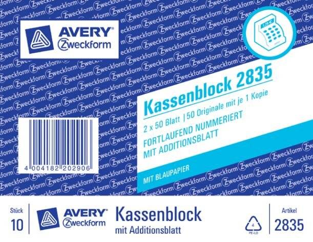 AVERY® Zweckform Kassenblock 2835, fortlaufend nummeriert, A6, mit Blaupapier, 2-2