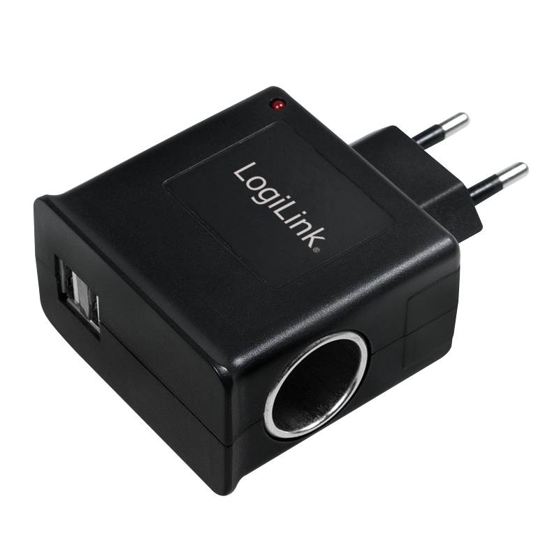 LogiLink Steckdosenadapter, 2x USB-Ports + 1x Zigarettenanzünder Buchse, 12W-3