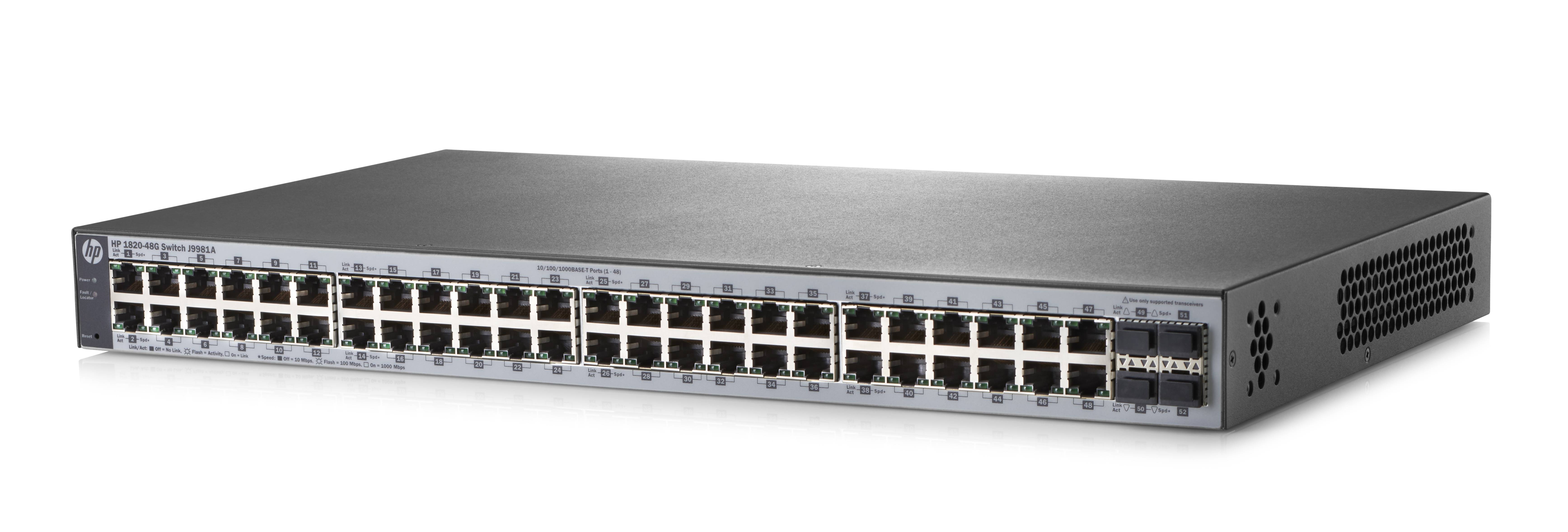 HP Enterprise 1820-48G Switch verwaltet 48 x 10/100/1000 + 4 x Fast Ethernet/Gigabit SFP, Desktop, an Rack montierbar, w-1