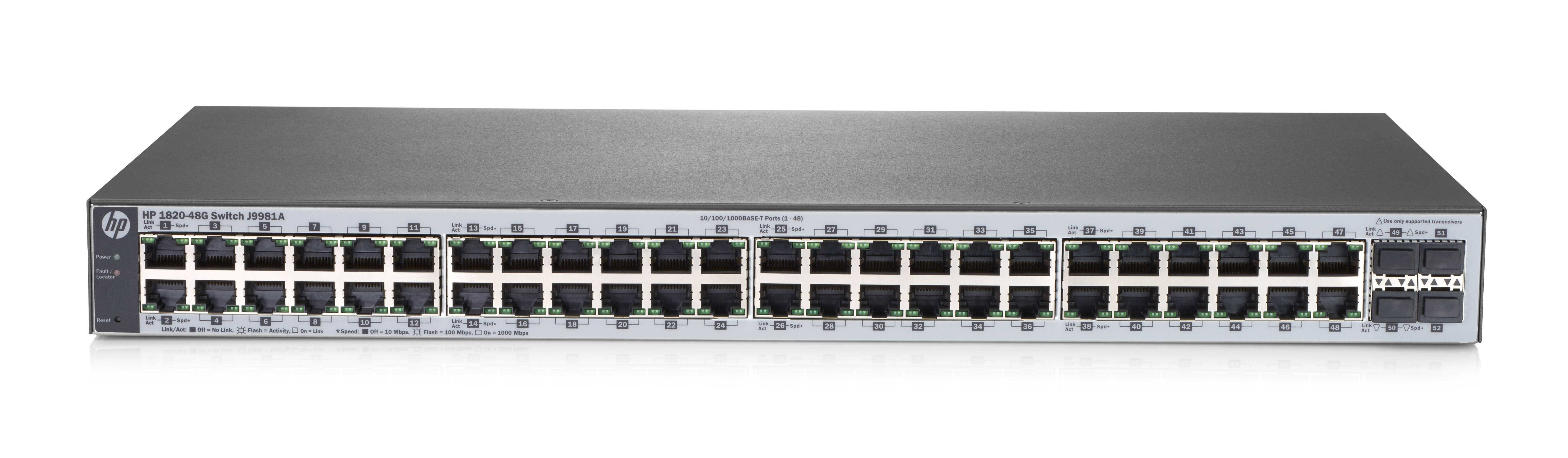 HP Enterprise 1820-48G Switch verwaltet 48 x 10/100/1000 + 4 x Fast Ethernet/Gigabit SFP, Desktop, an Rack montierbar, w-2