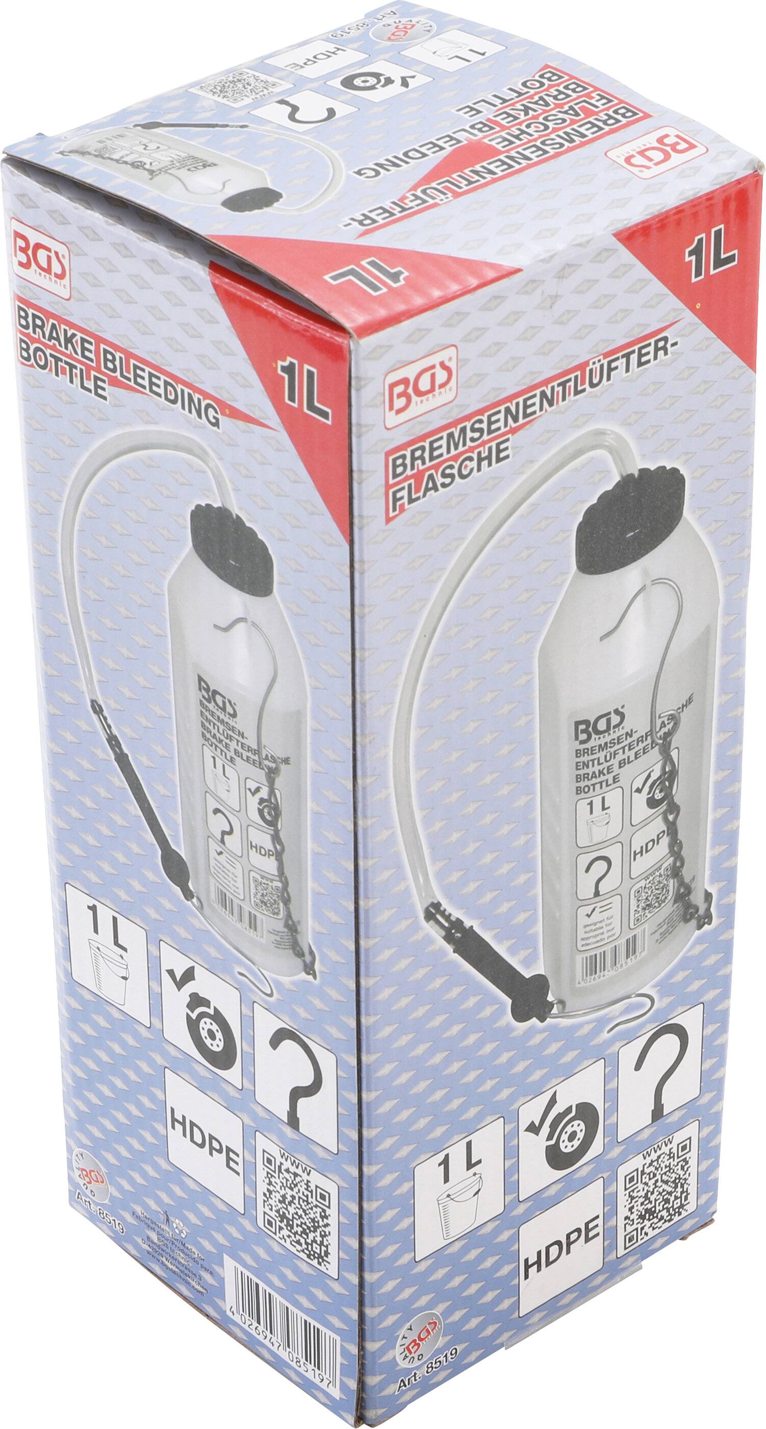 Bremsenentlüfterflasche - 1L Kunstoff-Flasche - mit Haltekette und Haken-1