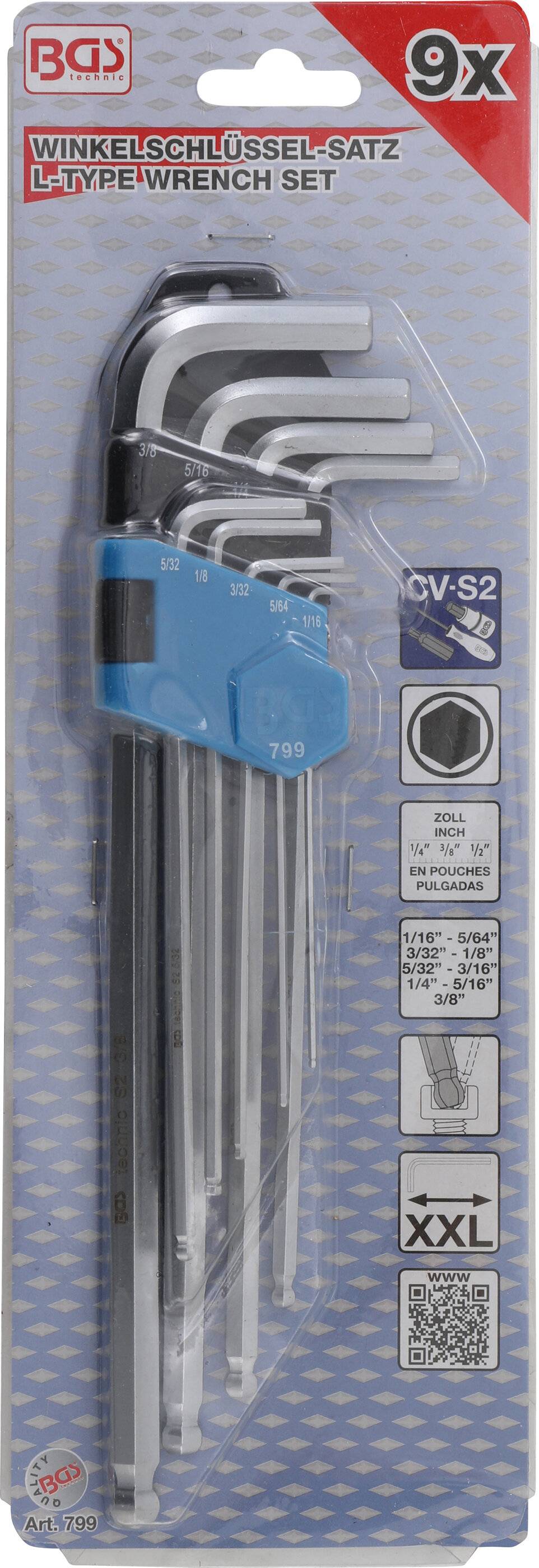 Innensechskant-Winkelschlüssel-Set 9-teilig - in Zoll mit den Größen 1/16" bis 3-3