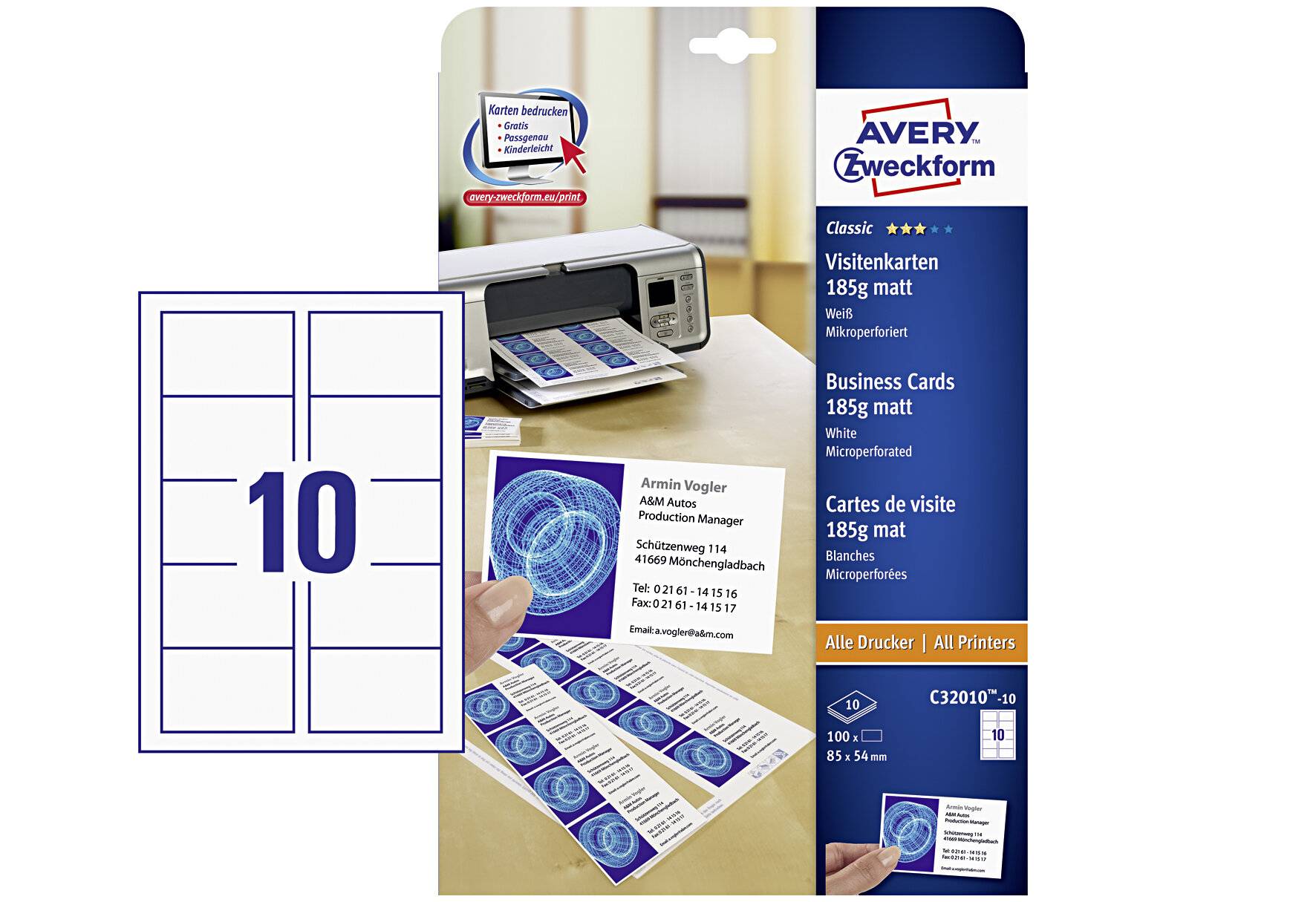 Visitenkarte DIN A4 weiß 10 St./Pack. - Artikel: 337012901-1