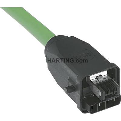 Ein grünes Kabel endet in einem rechteckigen schwarzen Stecker mit Metallelementen. Auf dem Stecker steht 'HARTING.com'.