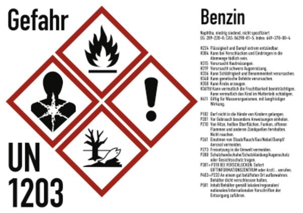 Gefahrstoffkennzeichnung Benzin nach GHS, Folie, 210x148 mm, Idx 2019