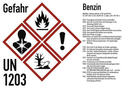 Gefahrstoffkennzeichnung Benzin nach GHS, Folie, 210x148 mm, Idx 2019-0