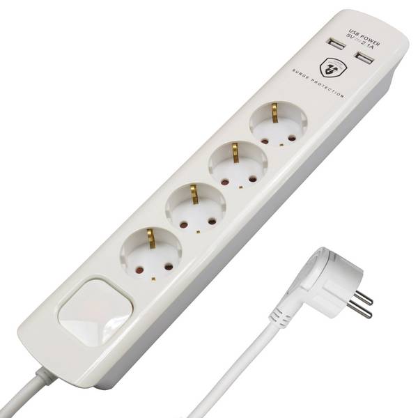 FeinTech MD000432 Überspannungsschutz-Steckdosenleiste 4-fach mit Schalter USB Flachstecker 1,5 m Kabel