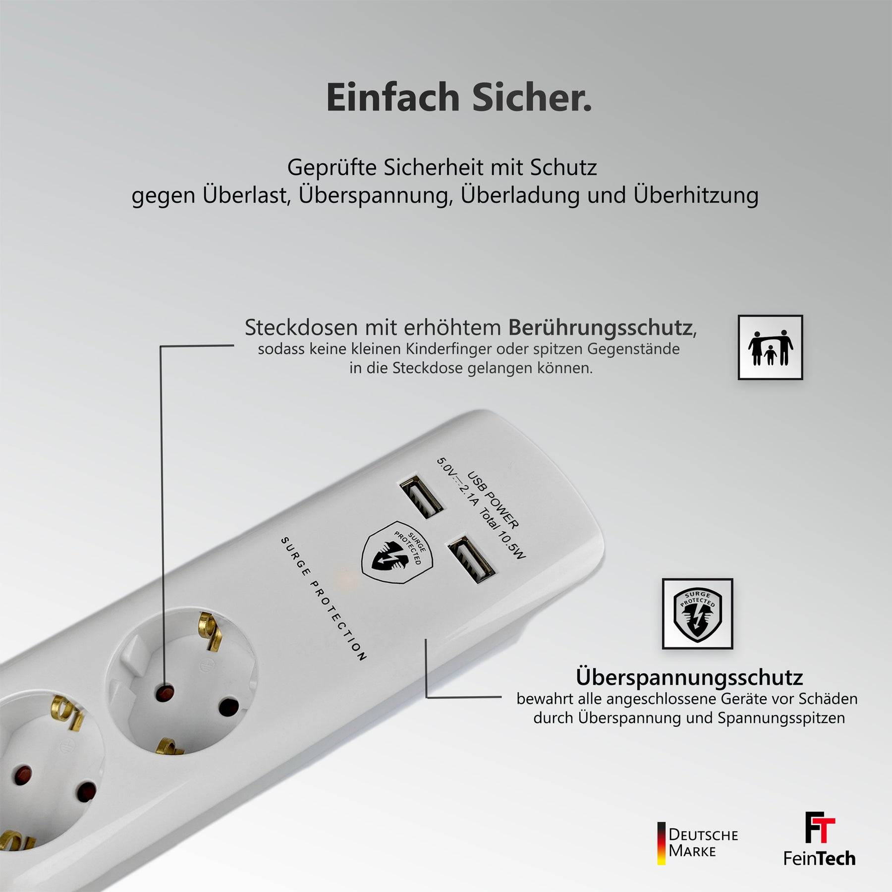 FeinTech MD000433 Überspannungsschutz-Steckdosenleiste 4-fach mit Schalter USB Flachstecker 3 m Kabel-2