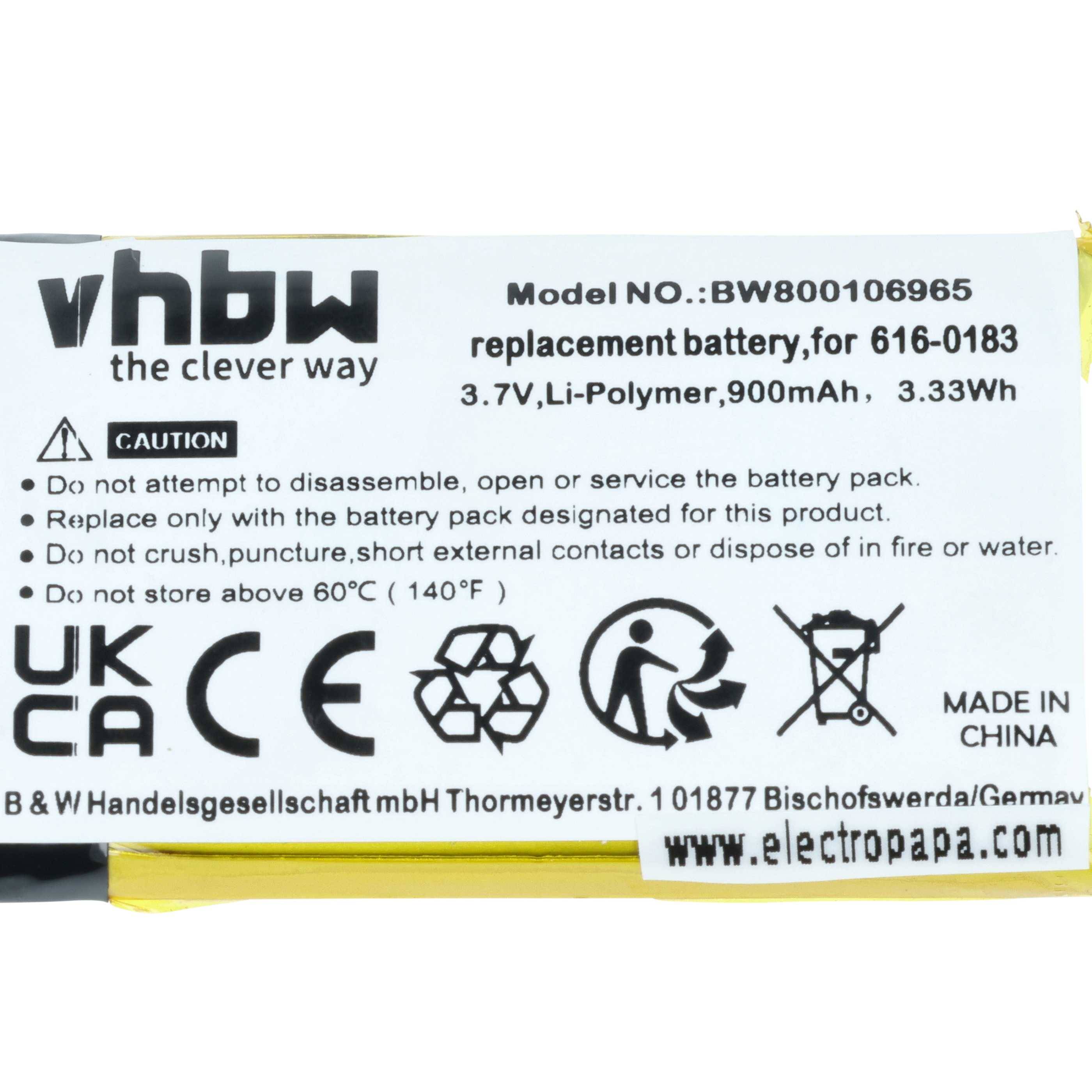 vhbw Akku kompatibel mit Apple iPod Photo 30GB M9829 | 30GB M9829/A, 30GB M9829B/A MP3-Player Musik Player (900 mAh, 3,7-3