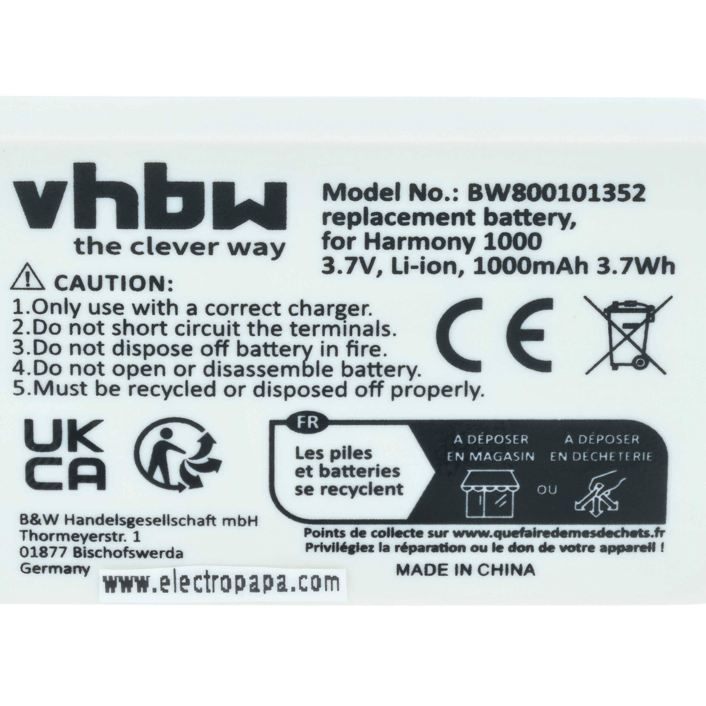vhbw Akku kompatibel mit Logitech Harmony 915 | Remote Fernbedienung Remote Control (1000 mAh, 3,7 V, Li-Ion)-3