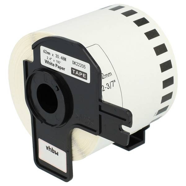 vhbw Etiketten-Rolle mit Halter 62mm x 30,48m (1 Etikette) Ersatz für Brother DK-22205 für Etiketten-Drucker Weiß