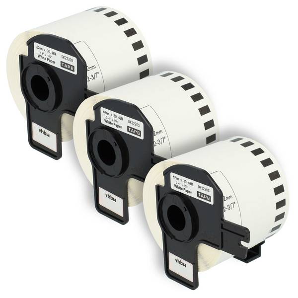 vhbw 3x Etiketten-Rolle mit Halter 62mm x 30,48m (1 Etikette) Ersatz für Brother DK-22205 für Etiketten-Drucker