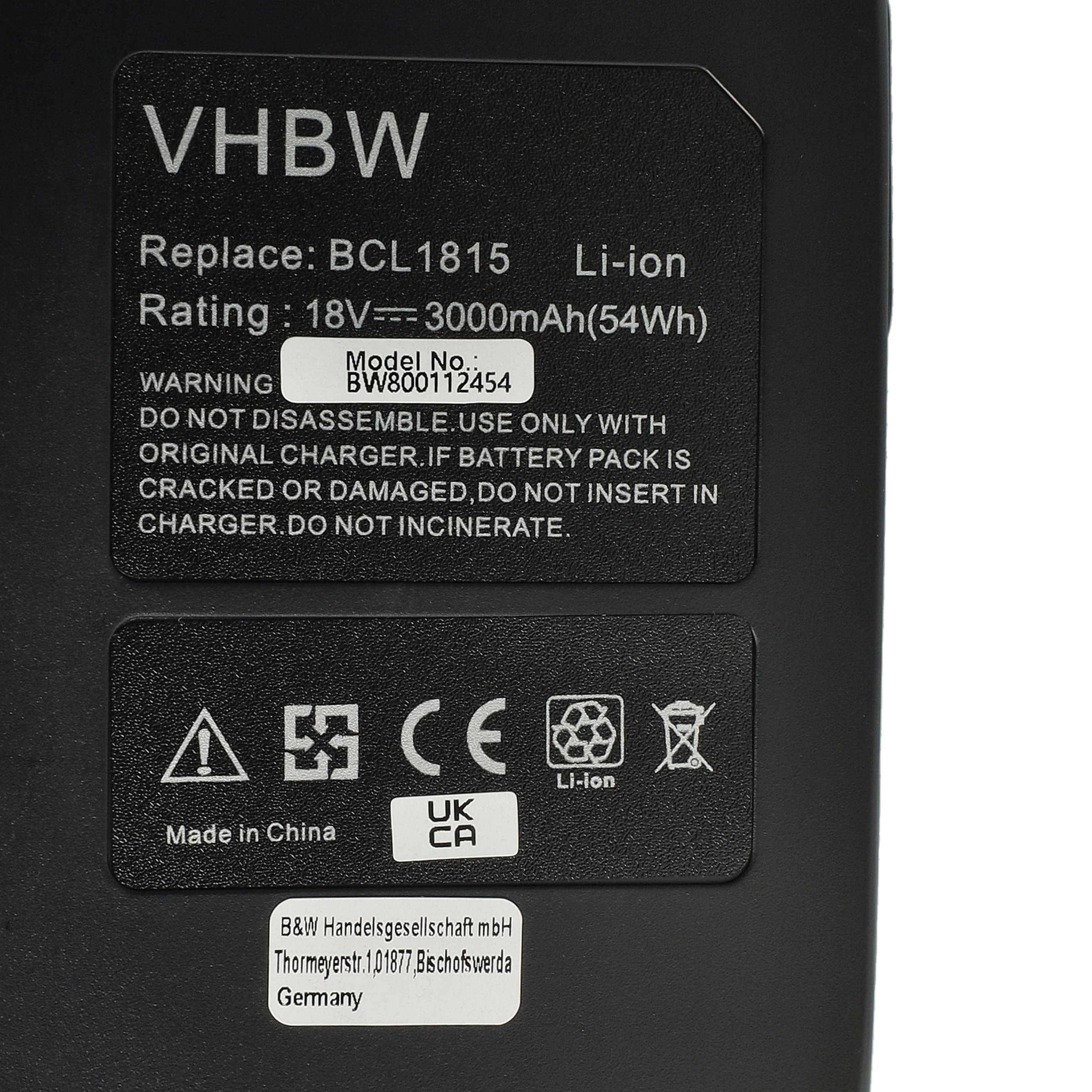 vhbw Akku kompatibel mit Hitachi WH18DLP4 | WR18DLP4, WR 18DMR, WH 18DMR, WR 18DL, WH 18DL Werkzeug (3000 mAh, Li-Ion-4