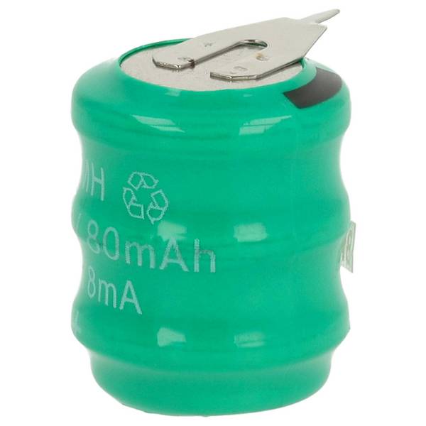 vhbw Knopfzellen Akku Typ V80H (NiMH, 80mAh, 3.6V) | Säule mit 3 Zellen, 2 Pins Printanschluss, wiederaufladbar