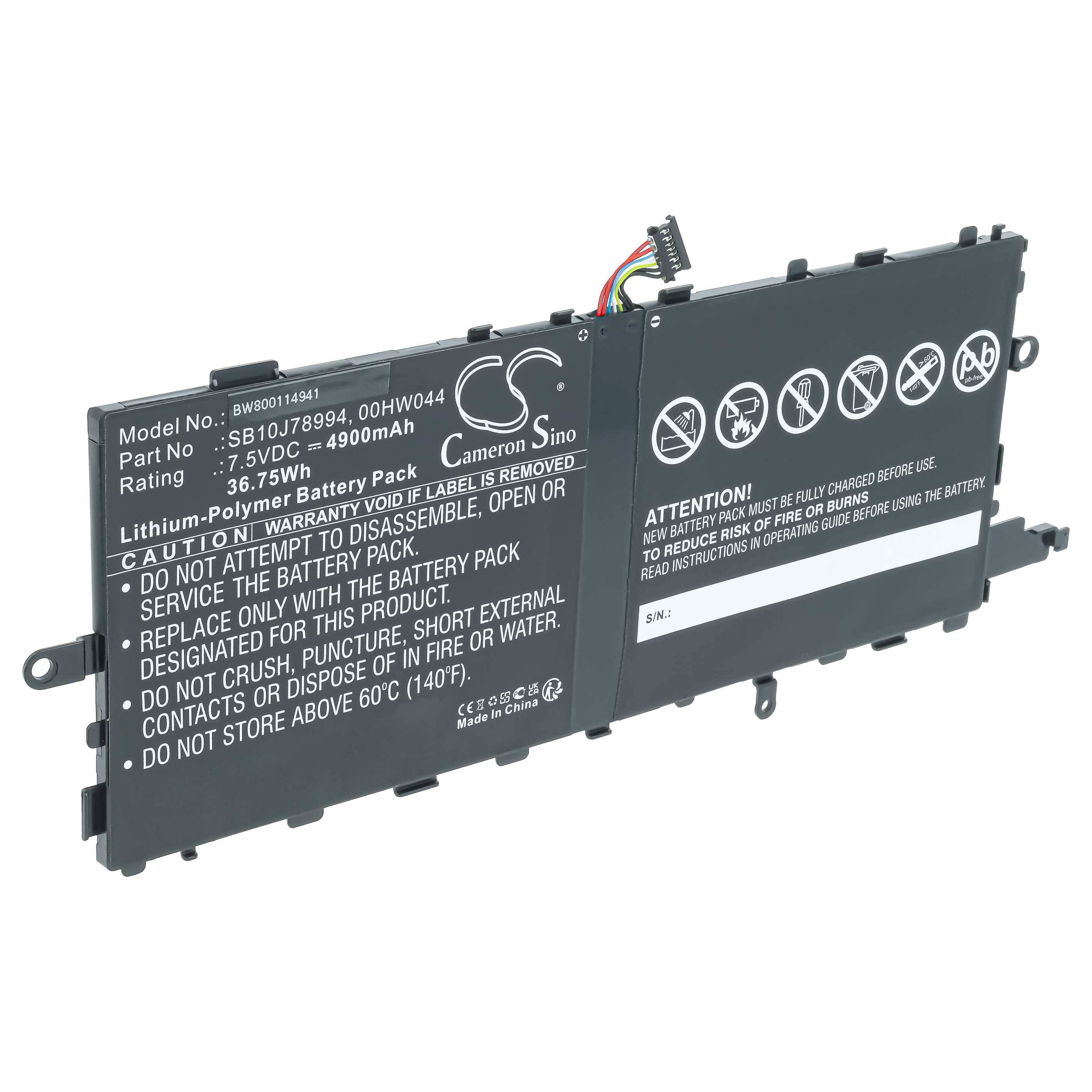vhbw Akku Ersatz für Lenovo 00HW04 | 00HW044, 00HW045, SB10J78994, 00HW046, SB10J78993 für Tablet Pad (4900 mAh, 7,5 V-0