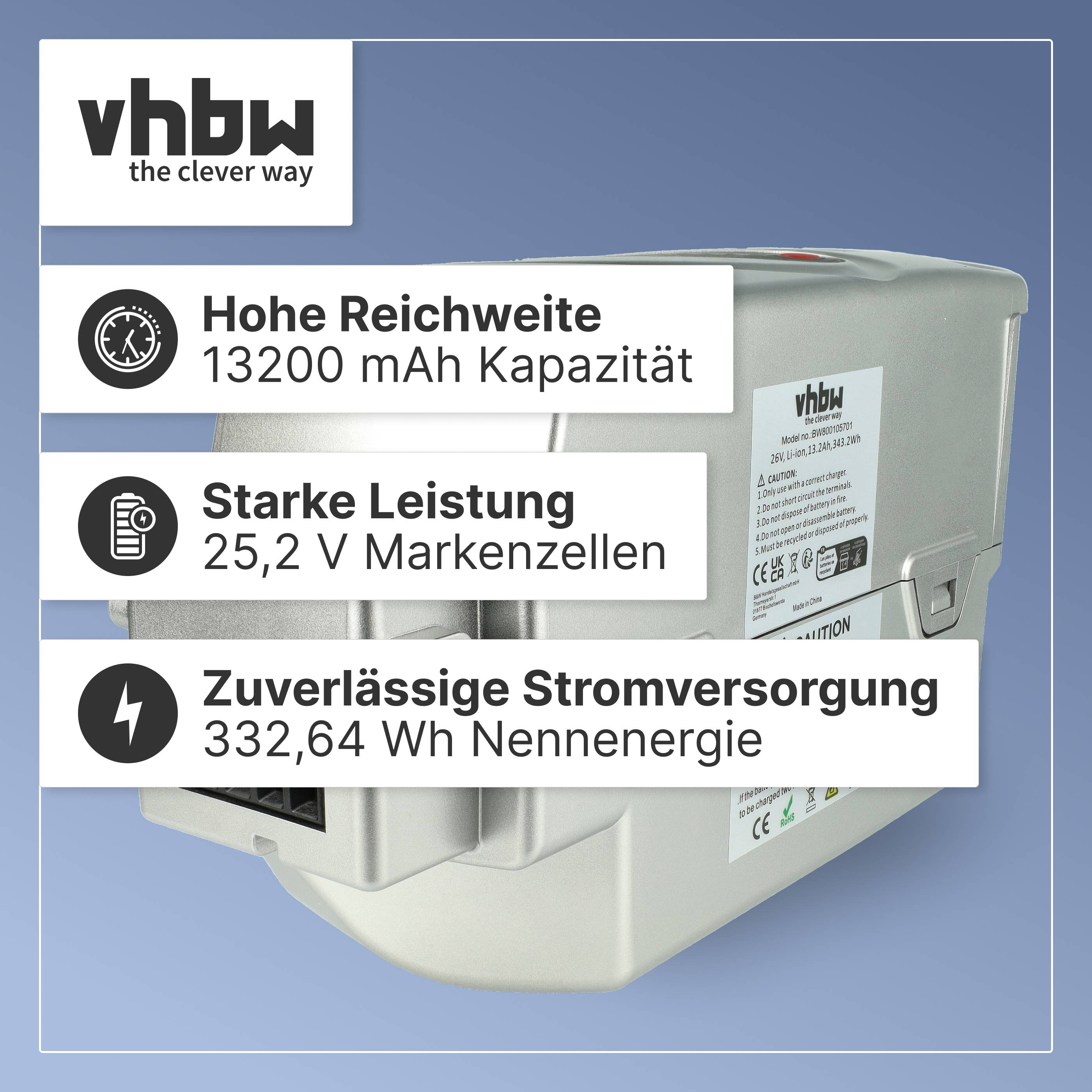 vhbw Akku kompatibel mit Kalkhoff Agattu 2011 | XXL C8, XXL 8-G Nexus, F, C3, C8, C7 E-Bike (13,2 Ah, 25,2 V, Li-Ion) --2