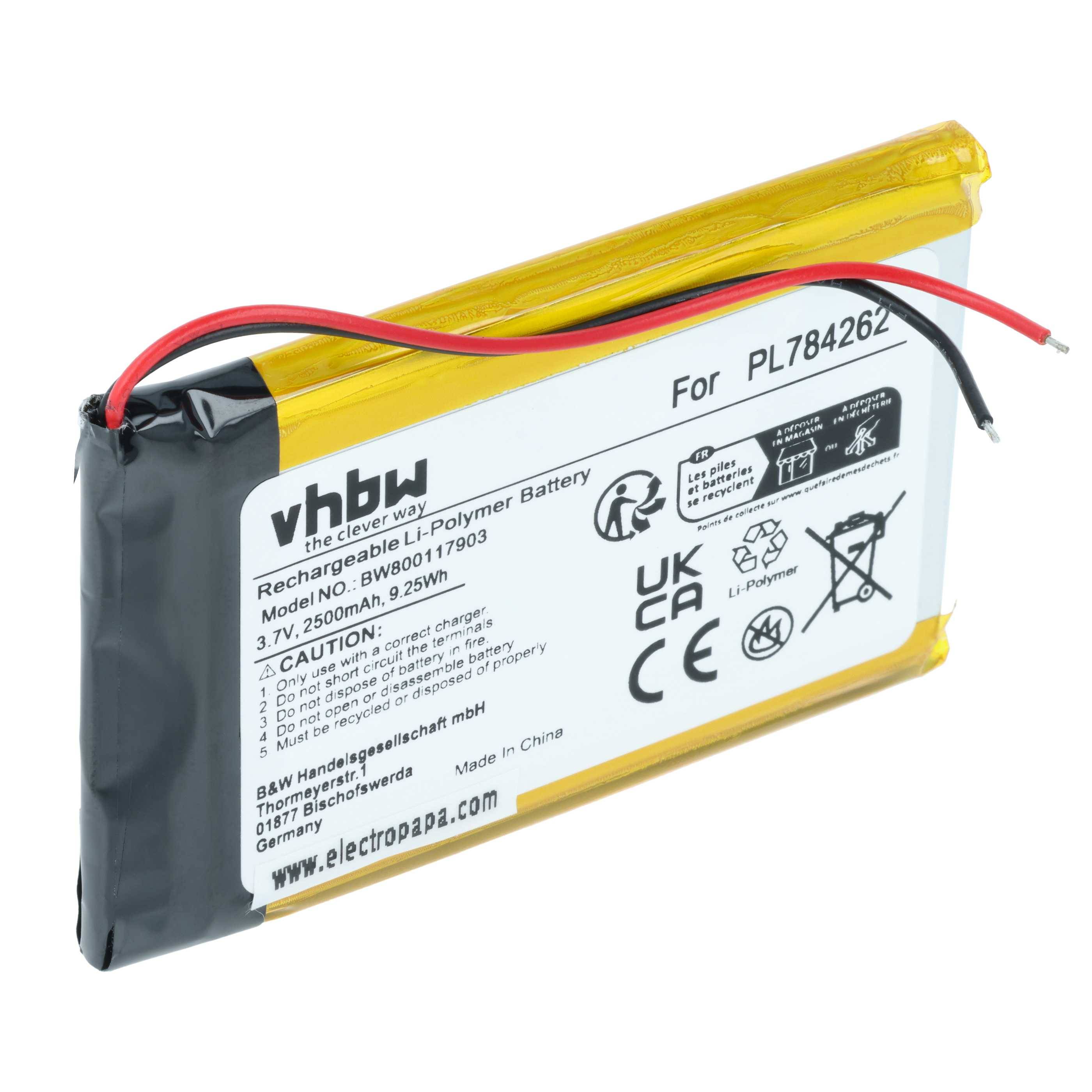 vhbw Akku Ersatz für Teasi PL784262 | für GPS Navigation Navi (2500 mAh, 3,7 V, Li-Polymer)-0