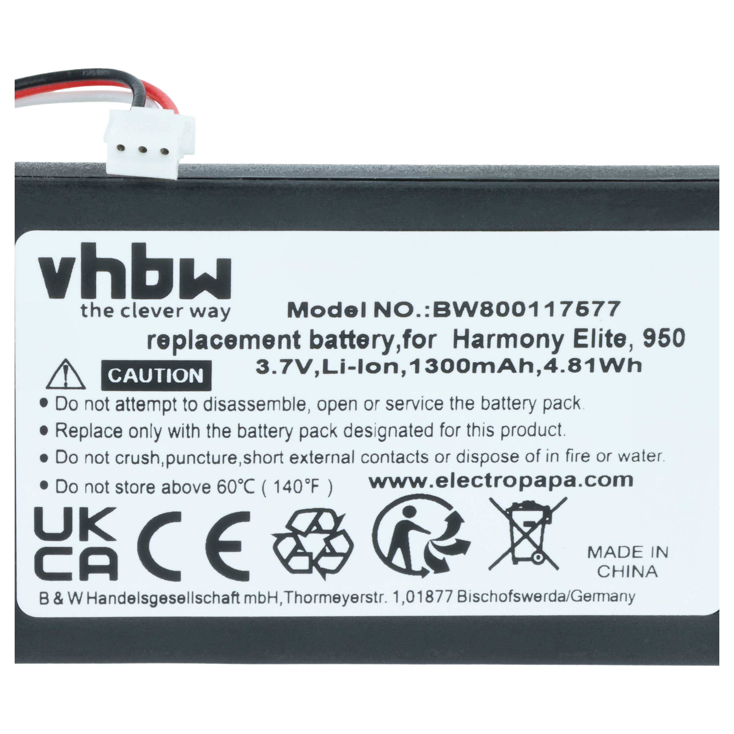 vhbw Akku kompatibel mit Logitech 915-000257 | Elite, 915-000260, Harmony 950 Fernbedienung Remote Control (1300 mAh, 3-1