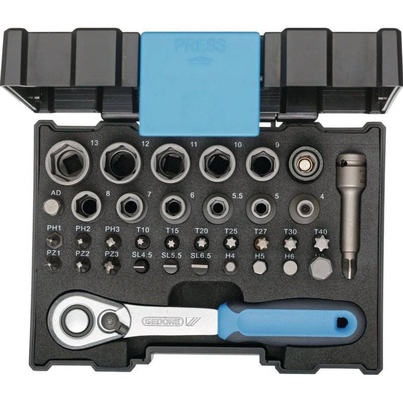 GEDORE 666-U-20 Bit-Steckschlüsselbox mit Knarre 1/4" 35-teilig-0