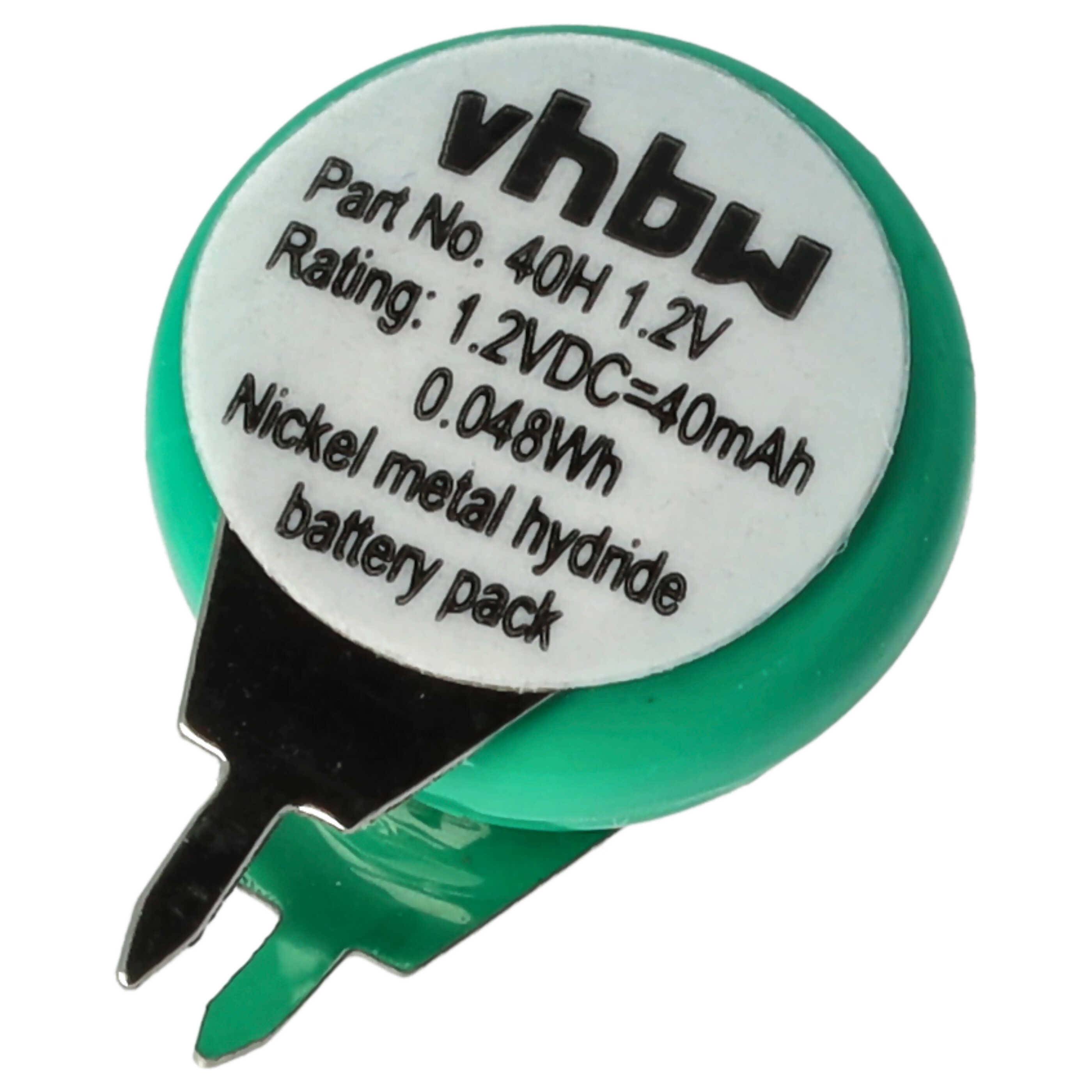 vhbw Knopfzellen Akku Typ V40H (NiMH, 40mAh, 1.2V) | 1 Zelle, 2 Pins Printanschluss, wiederaufladbar-0