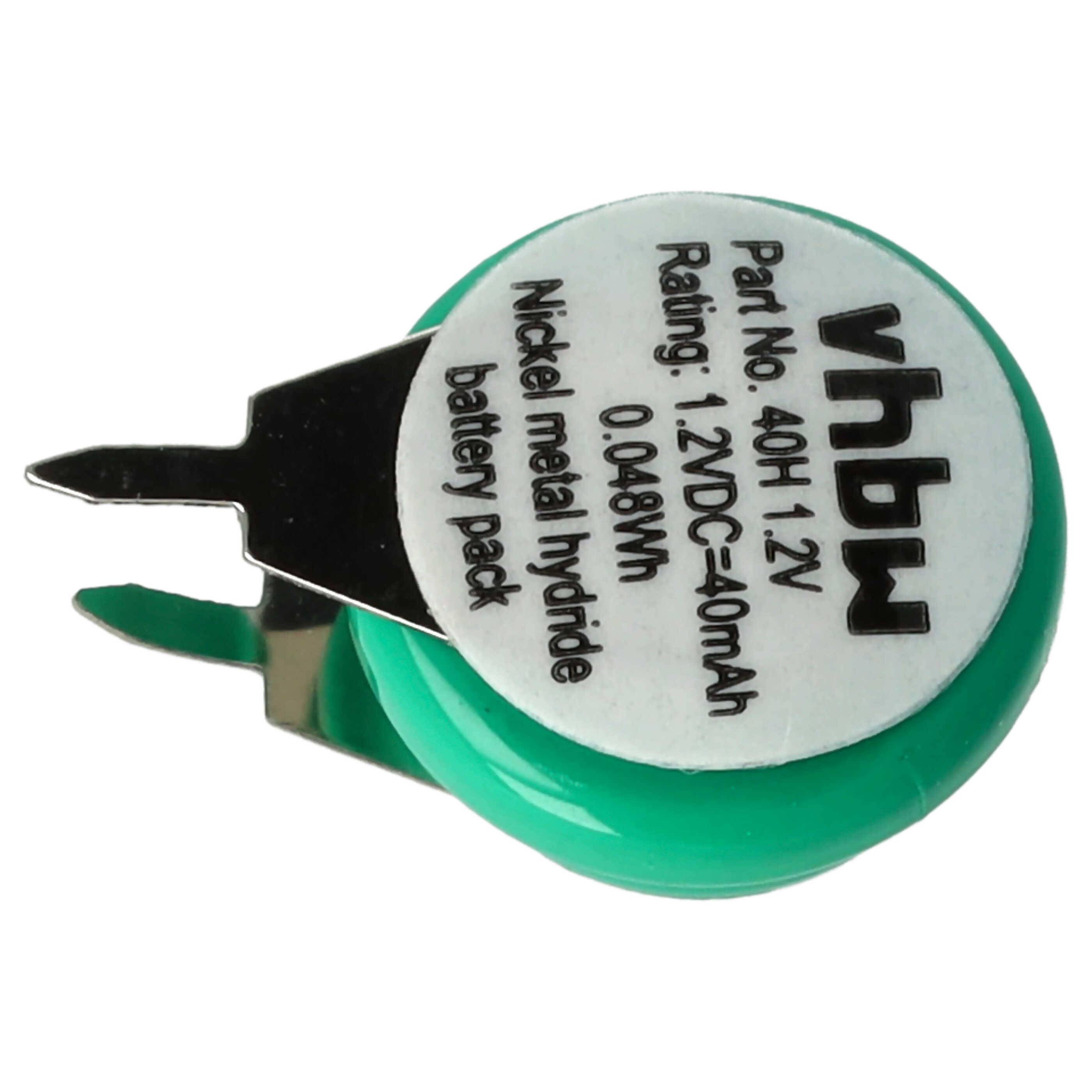 vhbw Knopfzellen Akku Typ V40H (NiMH, 40mAh, 1.2V) | 1 Zelle, 2 Pins Printanschluss, wiederaufladbar-2