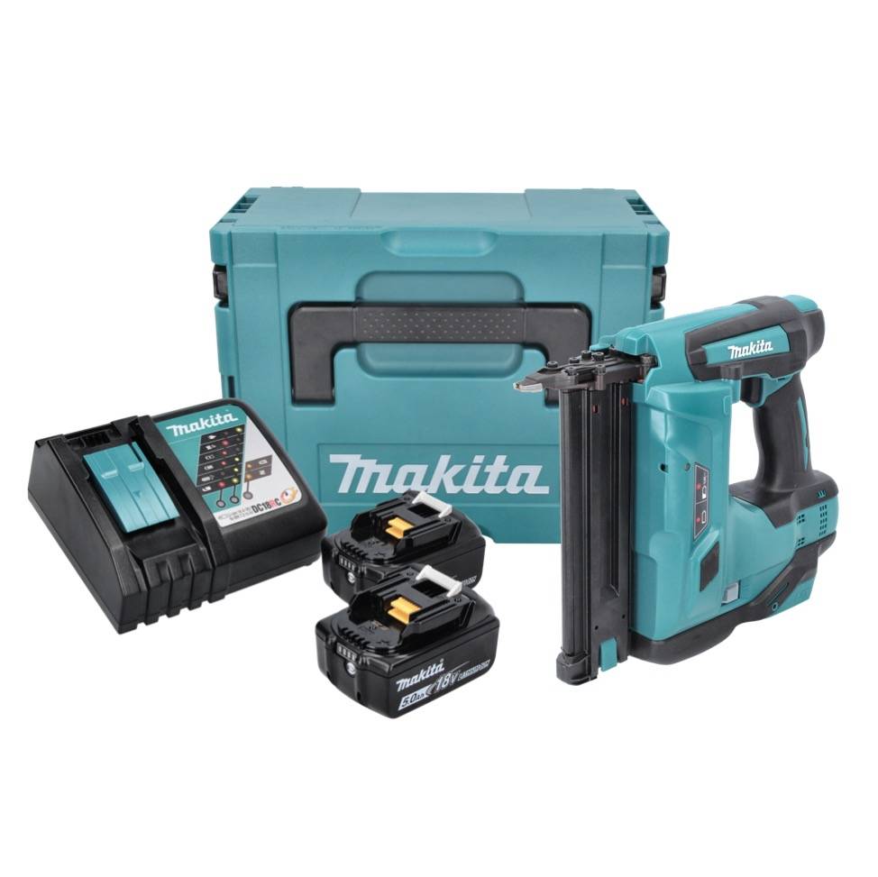 Makita DBN 500 RTJ Akku Stauchkopfnagler 18 V 15-50 mm + 2x Akku 5,0 Ah + Ladegerät + Makpac-1