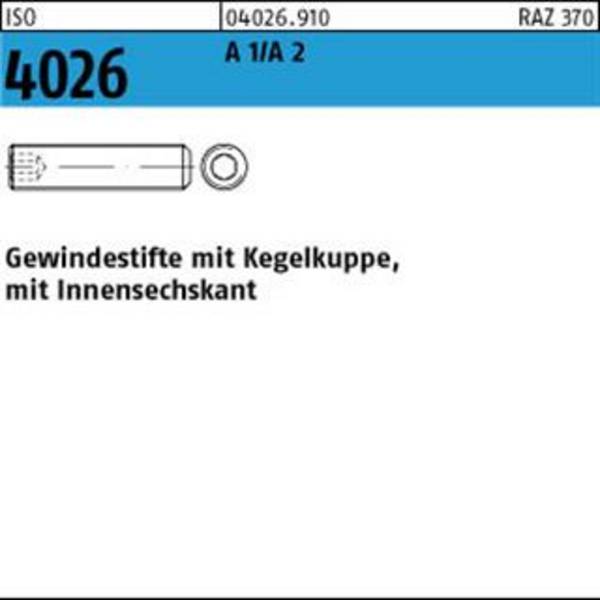 Gewindestift ISO 4026 Kegelkuppe/Innen-6kt M10x 25 A 1/A 2 100 Stück