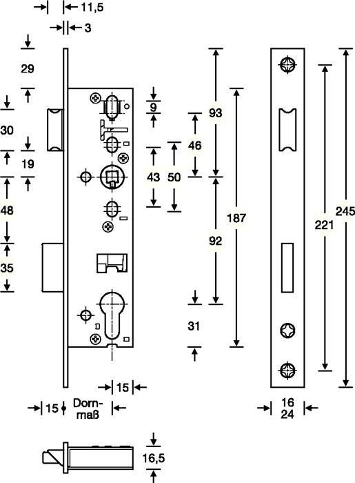 RR-Einsteckschl.PZW 24/30/92/8mm DIN L/R VA Riegelausschl.15mm 245mm SSF-0