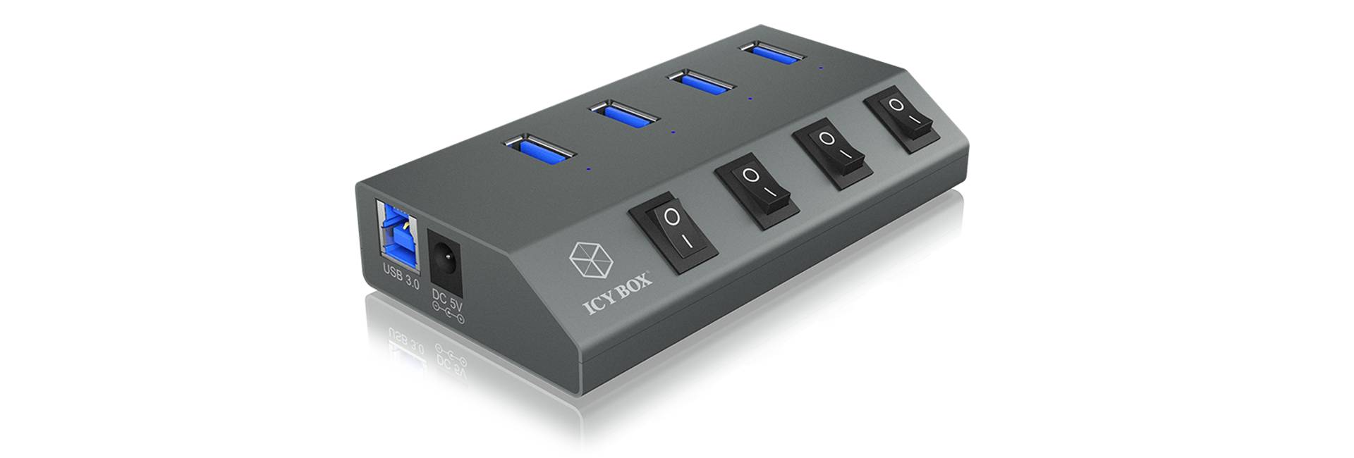 IB-HUB1405, 4 Port USB 3.0 Type-A Hub, Aluminium Gehäuse, mit 4x USB Type-A Anschlüssen, An-/Ausschalter pron Port-0