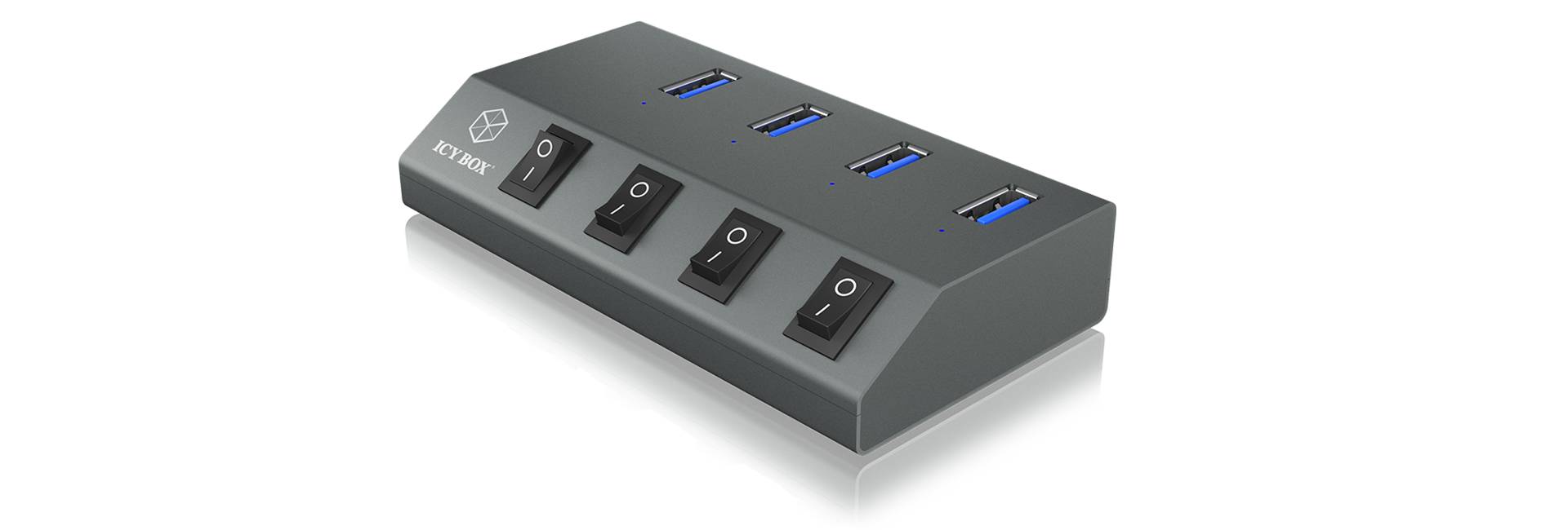 IB-HUB1405, 4 Port USB 3.0 Type-A Hub, Aluminium Gehäuse, mit 4x USB Type-A Anschlüssen, An-/Ausschalter pron Port-1