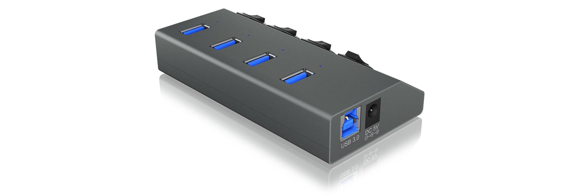 IB-HUB1405, 4 Port USB 3.0 Type-A Hub, Aluminium Gehäuse, mit 4x USB Type-A Anschlüssen, An-/Ausschalter pron Port-3