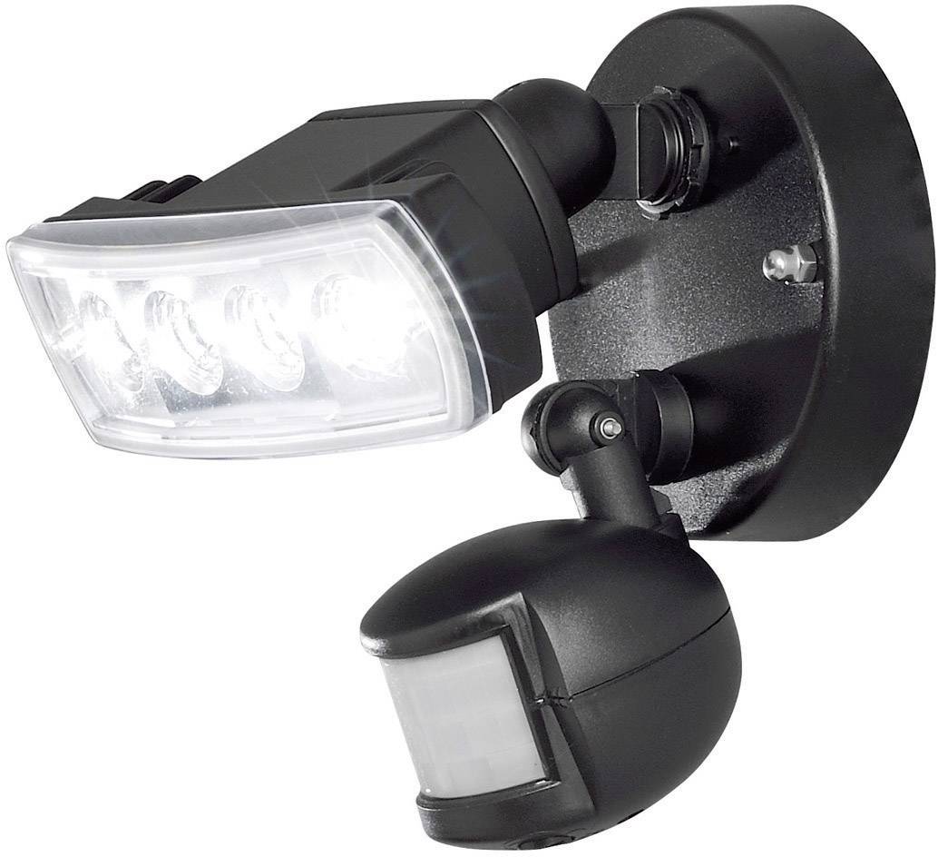 Außenwandleuchte mit zwei LED-Strahlern und Bewegungsmelder, geeignet zur Beleuchtung und Sicherheit im Außenbereich.