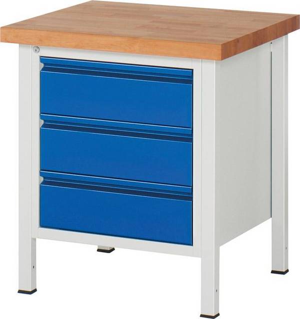Werkbank, BxTxH 750x700x840-1040 mm, Platte Buche 40 mm, 6 Schubladen: 3x90 mm, 3x150 mm, RAL 7035/5010