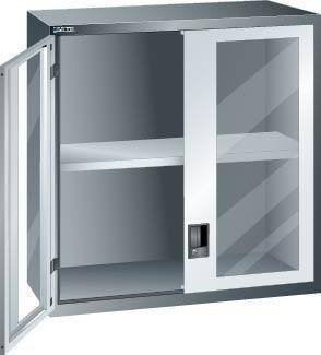 Aufsatzschrank mit Sichtfensterflügeltüren, BxTxH 1023x725x1000 mm, 1 Verstellboden, RAL 5012, passend zu Schubladenschr