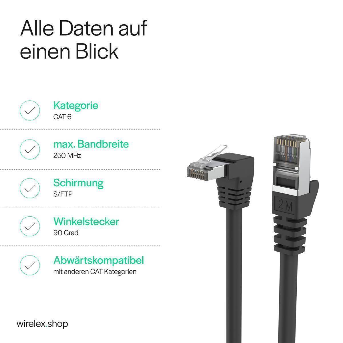 Netzwerkkabel RJ45, LAN Kabel, einseitig gewinkelt 90°, Cat 6, S/FTP, PIMF 5,00m Schwarz-2