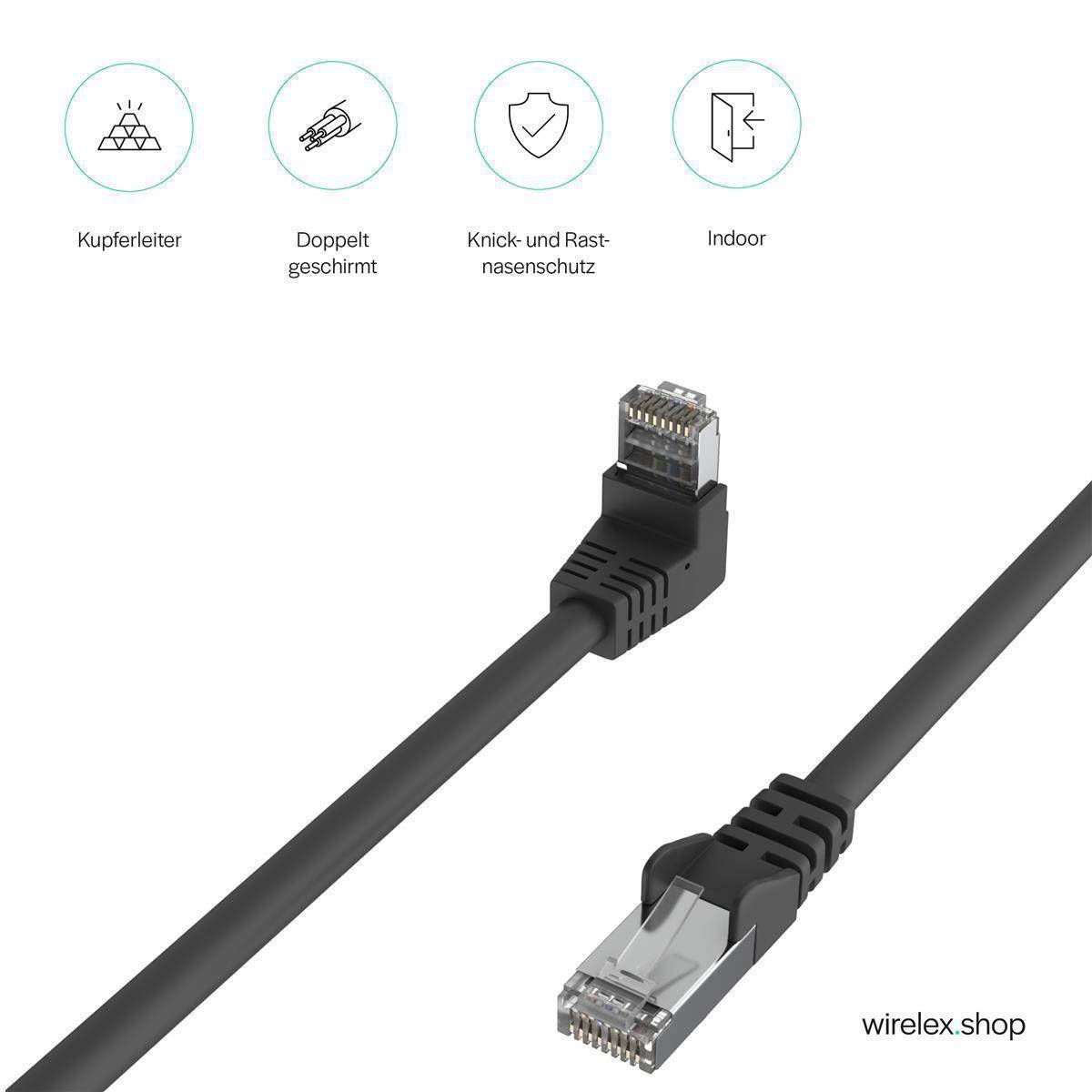 Netzwerkkabel RJ45, LAN Kabel, einseitig gewinkelt 90°, Cat 6, S/FTP, PIMF 5,00m Schwarz-3