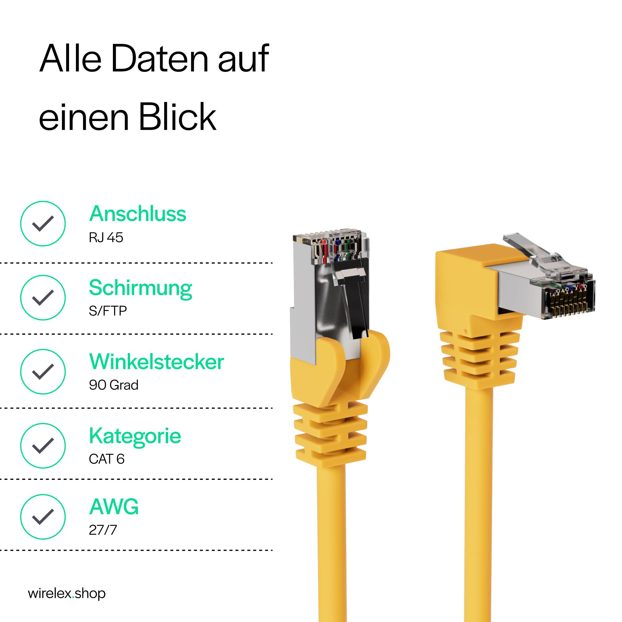 Netzwerkkabel RJ45, LAN Kabel, einseitig gewinkelt 90°, Cat 6, S/FTP, PIMF 1,00m Gelb-4